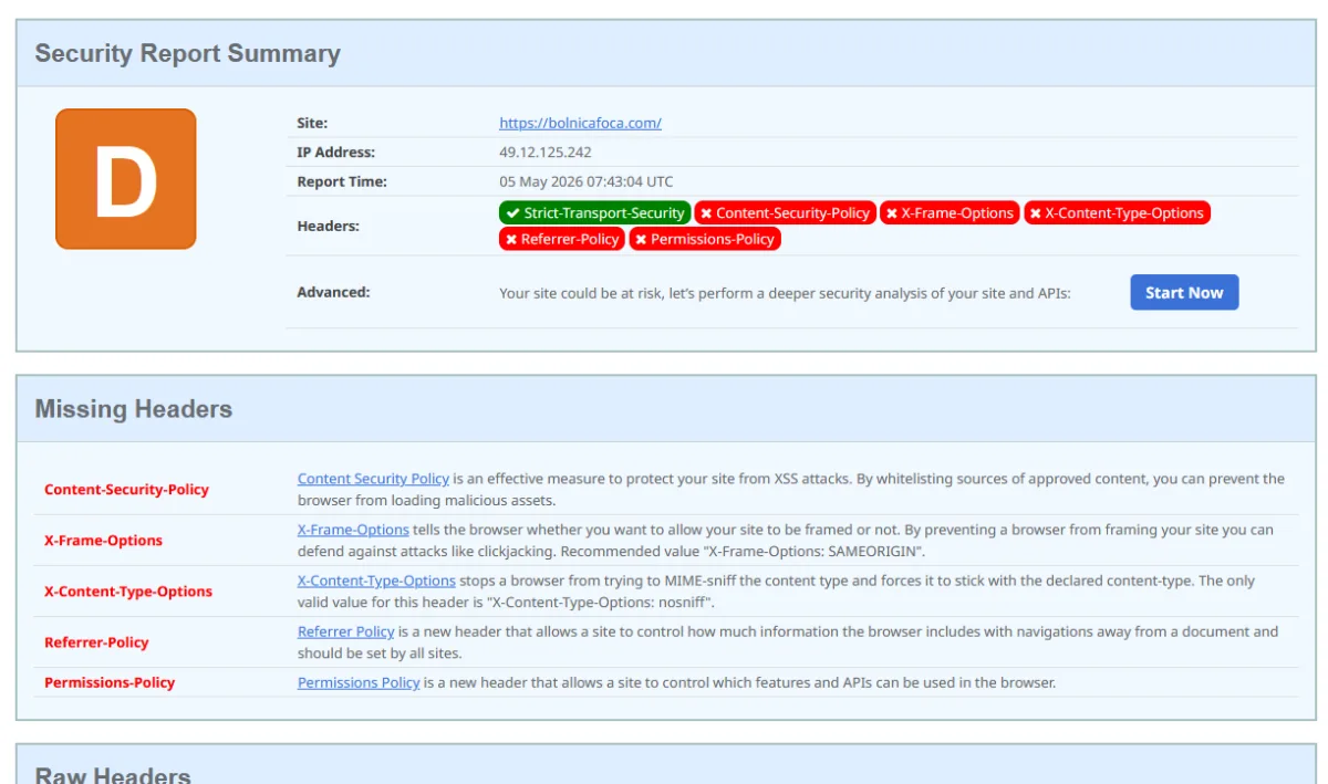 securityheaders.com grade D before